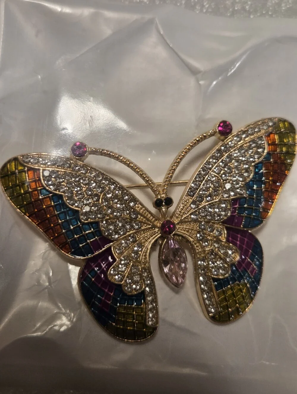 Gold-Tone Multicolor Butterfly Brooch with Pink Crystal Accent